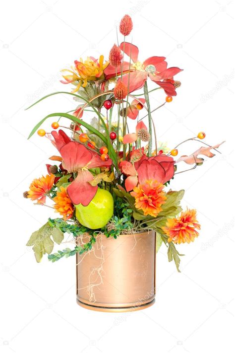 Fall Color Silk Flower Arrangement In Basket Isolated On White — Stock