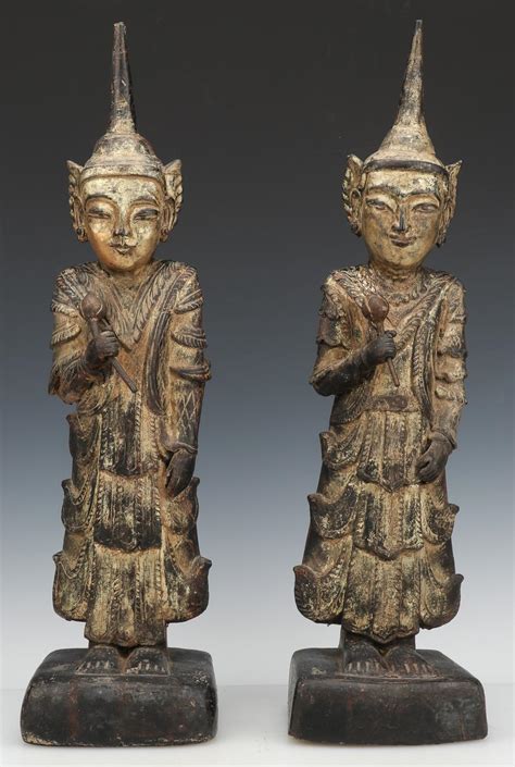 Lot Pair Of Burmese Giltwood Buddha Attendants Early Th C