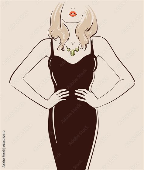 Beautiful Sexy Girl With Long Hair Posing In A Black Dress Vector Illustration Eps Stock