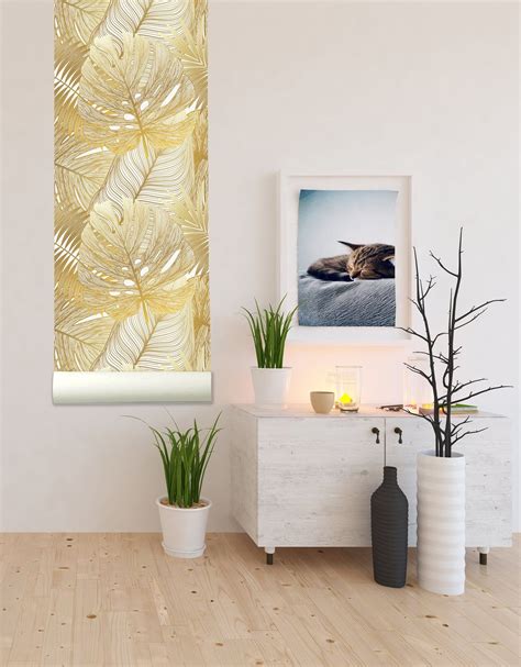 Gold Tropical Leaves Removable Wallpaper Peel And Stick Etsy Self