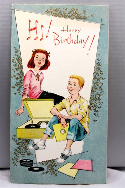 1960s Birthday Greeting Card Vintageteenage Boy Girl Listening To