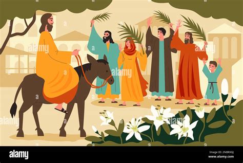 Easter And Palm Sunday Flat Concept With Jesus Christ Entering