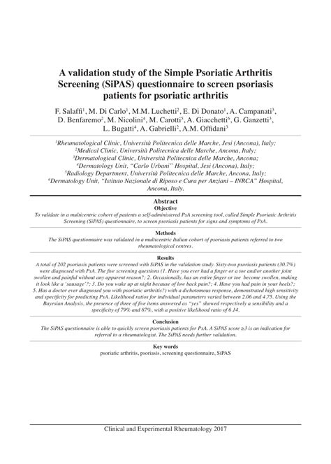 Pdf A Validation Study Of The Simple Psoriatic Arthritis Screening Sipas Questionnaire To