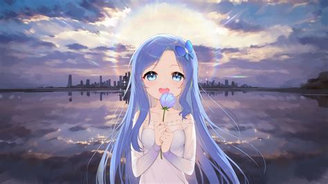 Desktop Wallpaper Cute Anime Girl Long Hair Blue Smile