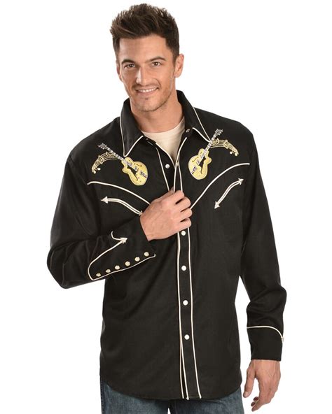 Scully Mens Black Rock N Roll Embroidered Retro Long Sleeve Western