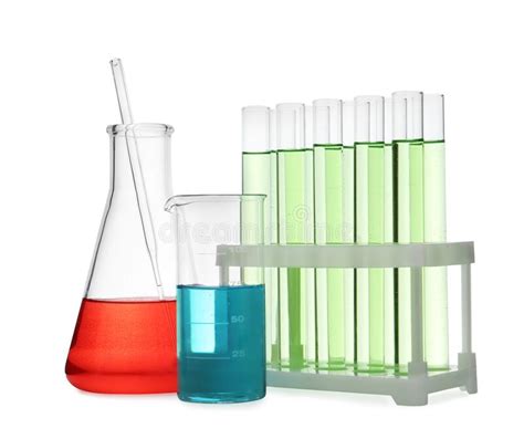 Different Laboratory Glassware With Color Liquid Isolated On White Stock Image Image Of