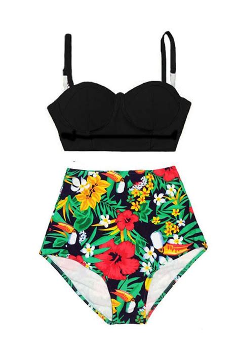 Black Midkini Top And Colorful Flora Highwaisted Highwaist High Waisted