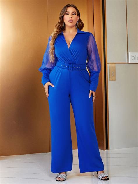 Royal Blue Elegant Collar Long Sleeve Fabric Plain Wide Leg Embellished Non Stretch Plus Size