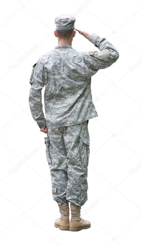 nos soldado del ejército en saludando posición aislada en fondo blanco — fotos de stock