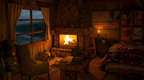 Cozy Cabin Ambience With Gentle Night Rain And Crackling Fireplace