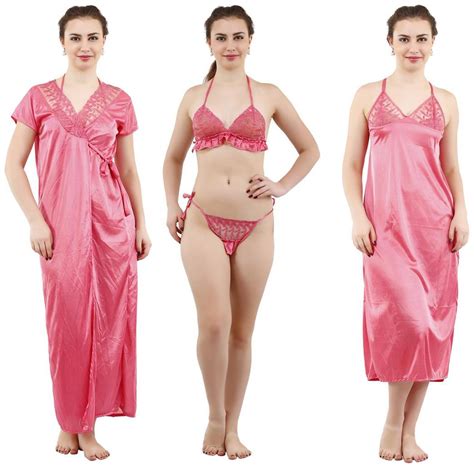 Buy Romaisa Womens Satin Nightwear Set Of 4 Pcs Nighty Wrap Gown Bra And Thong Online At Low