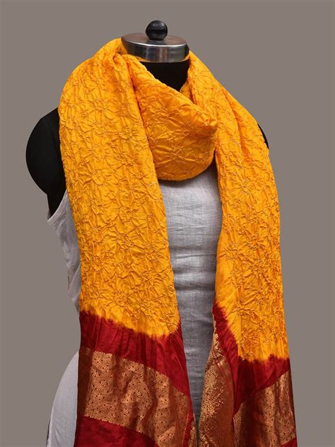 Yellow And Red Bandhani Kanchipuram Silk Handloom Dupatta With Border