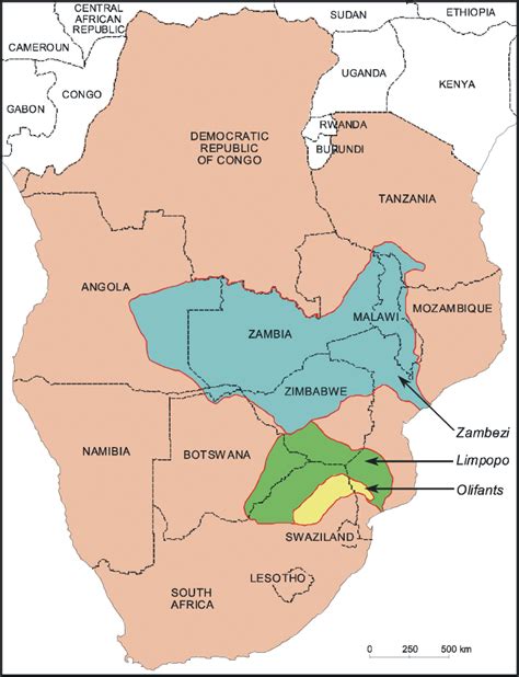 Map Of Southern Africa Showing Drainage Basins Of The Zambezi