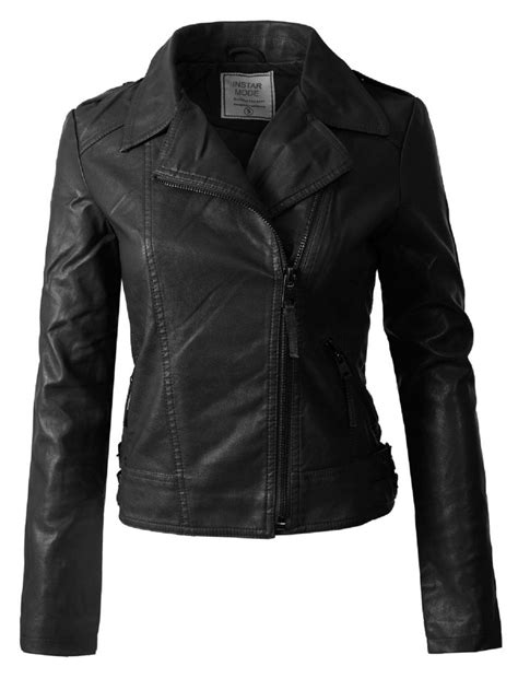 made by olivia women s long sleeves asymmetrical zipper closure biker faux leather jacket
