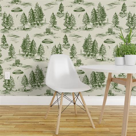 Pre Pasted Wallpaper 2ft Wide Large Scale Green Toile De Pattern