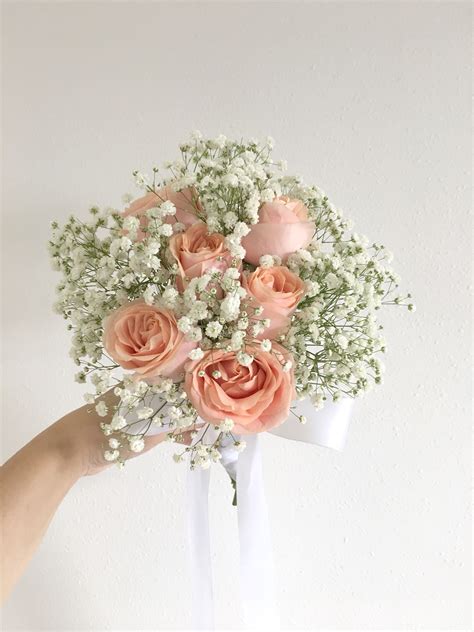 Rom Bouquet Of Peach Roses With White Baby Breath Wedding Flowers