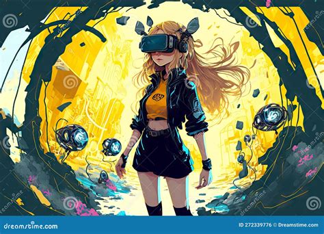 Cybere Girl In Virtual World Using Vr Headset Stock Illustration