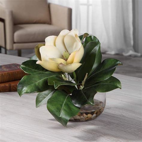 Celia White And Green Silk Magnolia W Faux Flower In Vase T