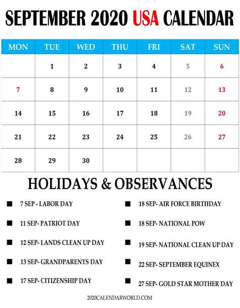 Us September 2020 Calendar With Holidays Download September 2020