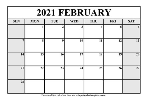 The classic edition of free editable calendar 2021 template in word: Free February 2021 Calendar Printable (PDF, Word)