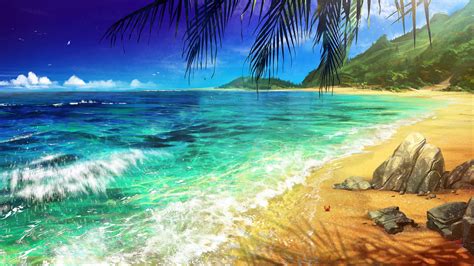 Скачать x пляж пальма океан арт прибой обои картинки full hd hdtv fhd p