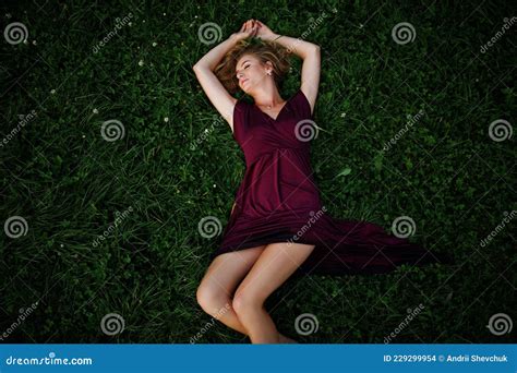 Blonde Sensual Woman In Red Marsala Dress Stock Photo Image Of