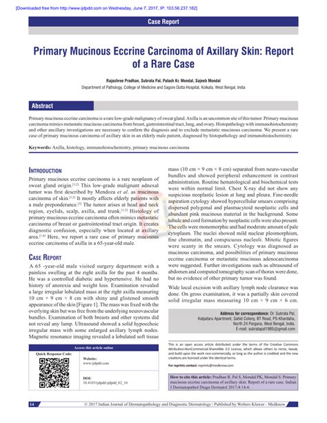 Pdf Primary Mucinous Eccrine Carcinoma Of Axillary Skin Report Of A