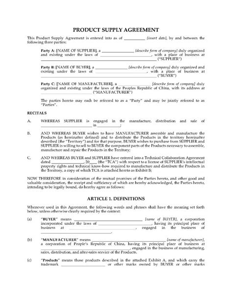 China Product Supply Agreement Legal Forms And Business Templates In