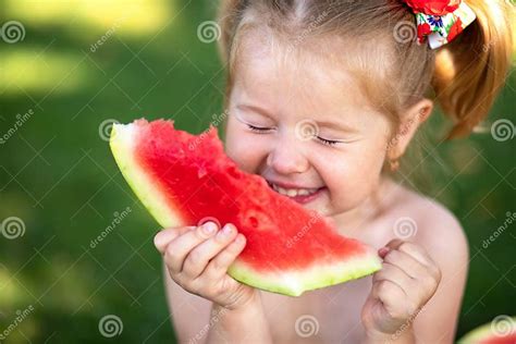 Child Eating Watermelon In The Garden Kids Eat Fruit Outdoors Healthy