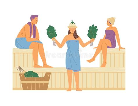 People In Towels Relax At Sauna Or Banya With Hot Steam And Brooms Stock Vector Illustration