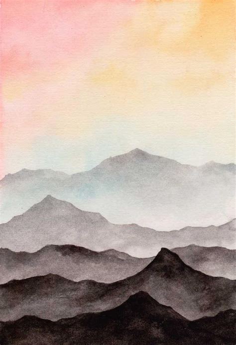 Abstract Landscape Watercolor Art Print. Dreamy Sky Black Mountains