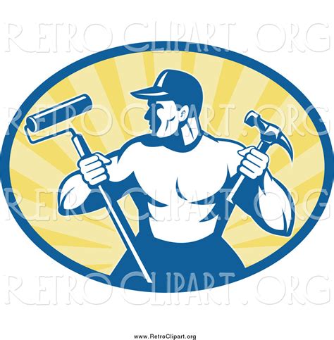 Clipart Of A Retro Strong Handyman Holding A Paint Roller And Hammer By