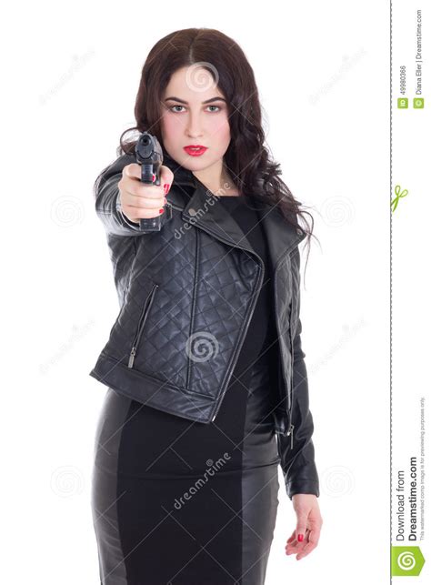 Portrait Of Young Attractive Woman Posing With Gun Isolated On W Stock