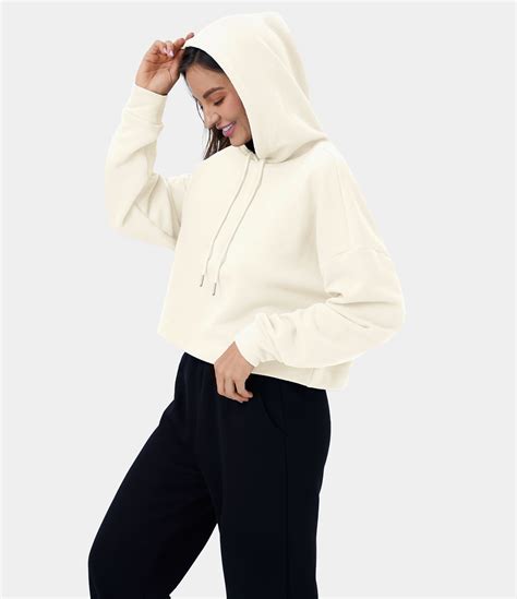 Womens Hooded Dropped Shoulder Drawstring Cropped Fleece Casual Hoodie