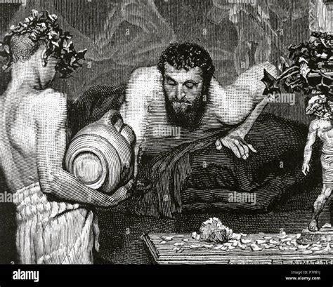 Antiken Rom Junger Sklave Dient Einen Patrizier Die Auf Ein Triclinium Während Eines Banketts