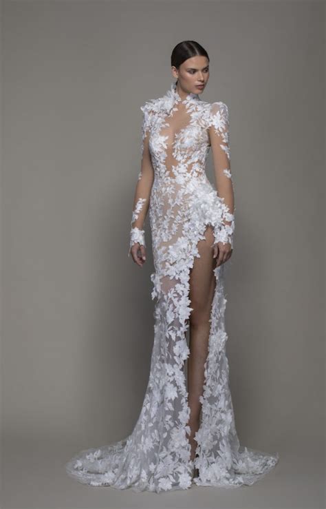 Long Sleeved High Neck Illusion Lace Sheath Wedding Dress With Slit