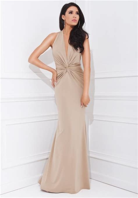 Sheath Halter Plunging Neckline Long Champagne Chiffon Ruched Special