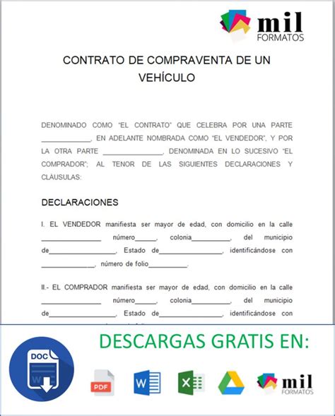 Contrato de Compraventa de Vehículo Ejemplos y Formatos Word y PDF para Imprimir Contrato