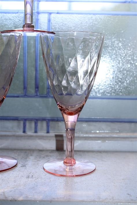 6 Pink Depression Glass Wine Glasses 1930s Diamond Optic