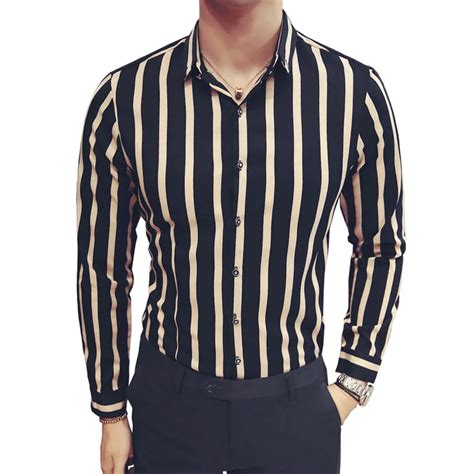 Fashion Mens Shirts Male Casual Slim Fit Designer Long Sleeve Striped Def