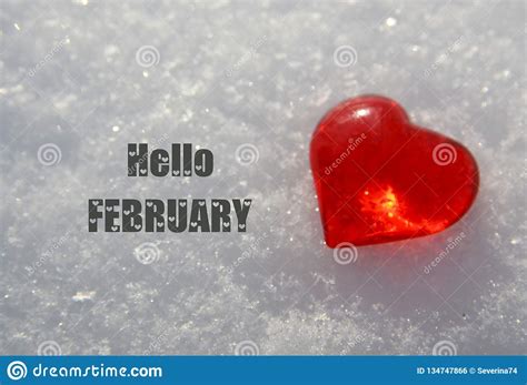 Hello Februarydecorative Red Heart On Natural White Snow Background