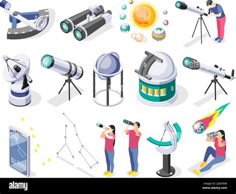 Astronomy Isometric Recolor Set Of Isolated Icons Of Telescopes Radars