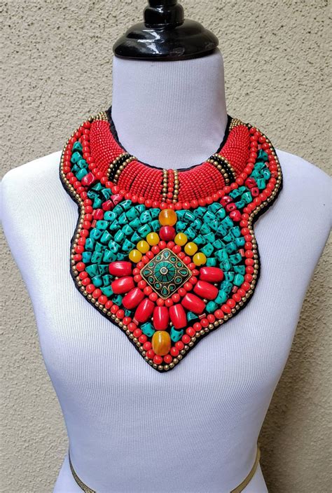 Tibetan Beaded Bib Necklace Statement Necklace Coral Collar Necklace