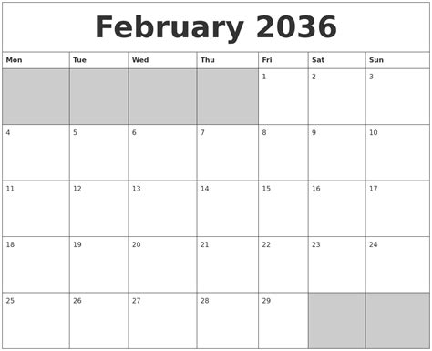February 2036 Blank Printable Calendar