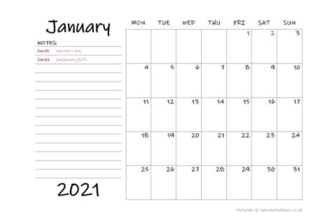 2021 Monthly Template Uk