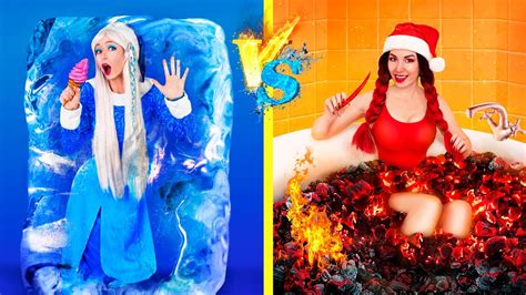Hot Girl Vs Cold Girl Challenge Fire Vs Ice Christmas Story Youtube