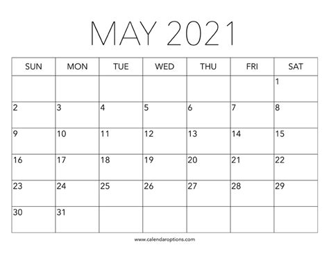 Print the calendar and mark the important dates, events, holidays, etc. Printable May 2021 Calendar - Calendar Options
