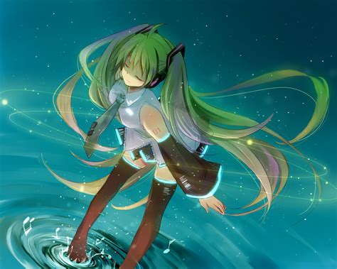 Green Hair Hatsune Miku Headphones Long Hair Skirt Thighhighs Tie Twintails Vocaloid Water