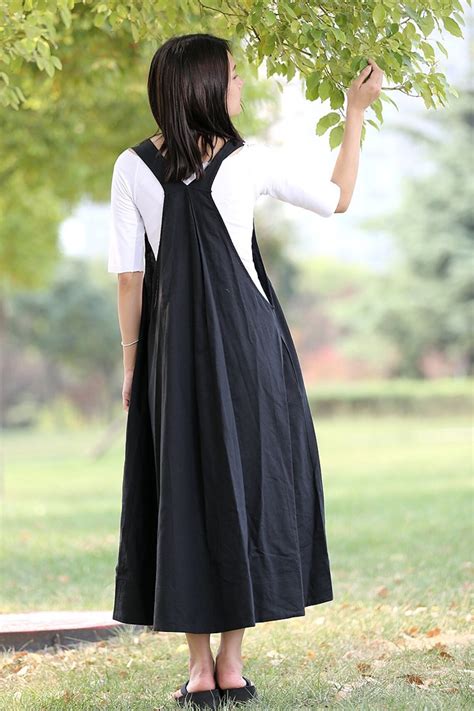 Black Pinafore Dress Linen Dress Loose Fitting Cool Long Etsy