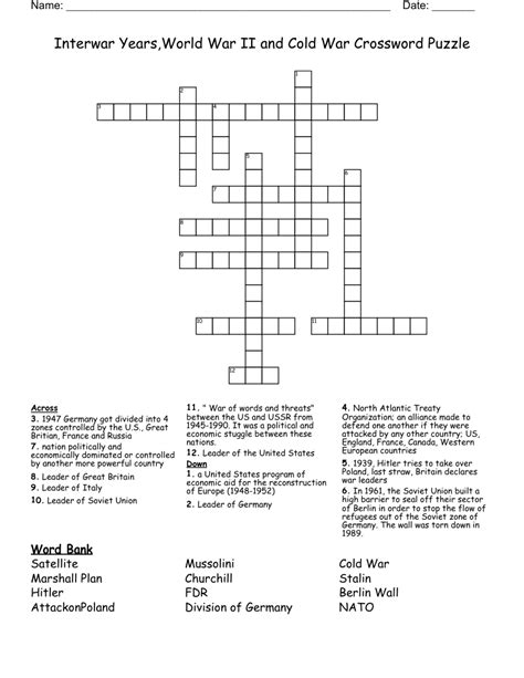 Interwar Yearsworld War Ii And Cold War Crossword Puzzle Wordmint